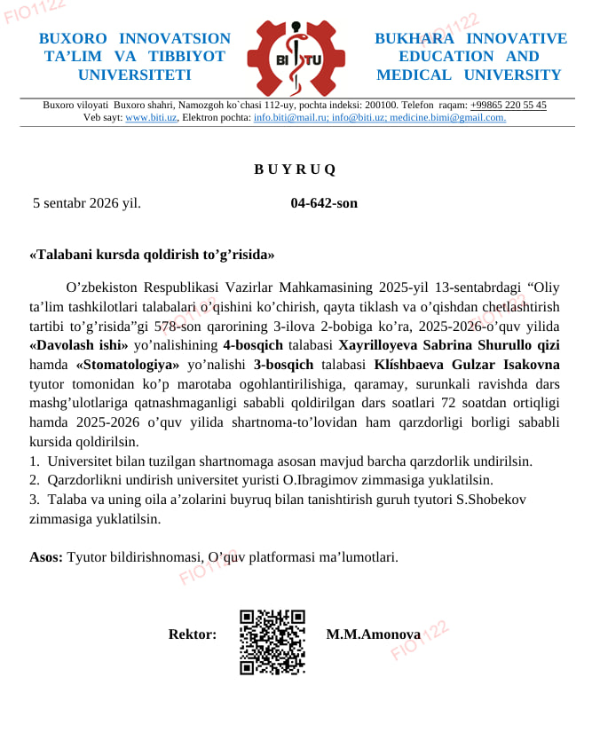 talaba kursida qoldirildi