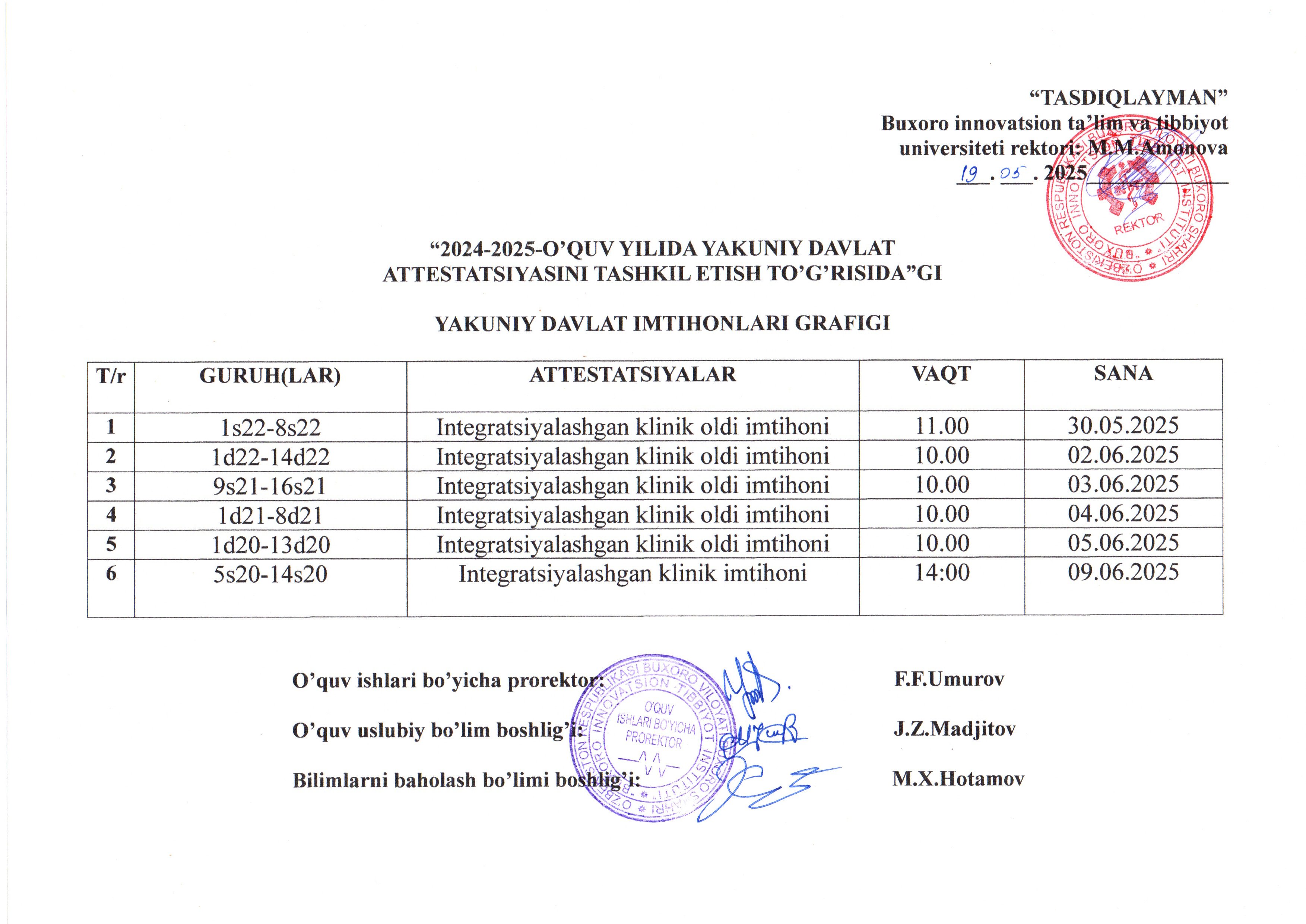 YAKUNIY DAVLAT IMTIHONLARI GRAFIGI