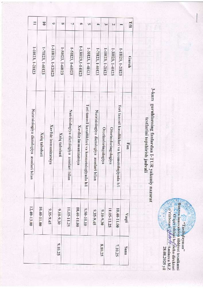 3-kurs guruhlarning fanlardan 1-TUR Yakuniy Nazorat testlari