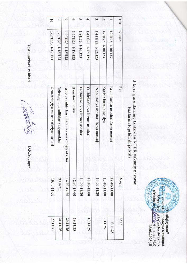 3-kurs guruhlarning fanlardan 1-TUR Yakuniy Nazorat testlari